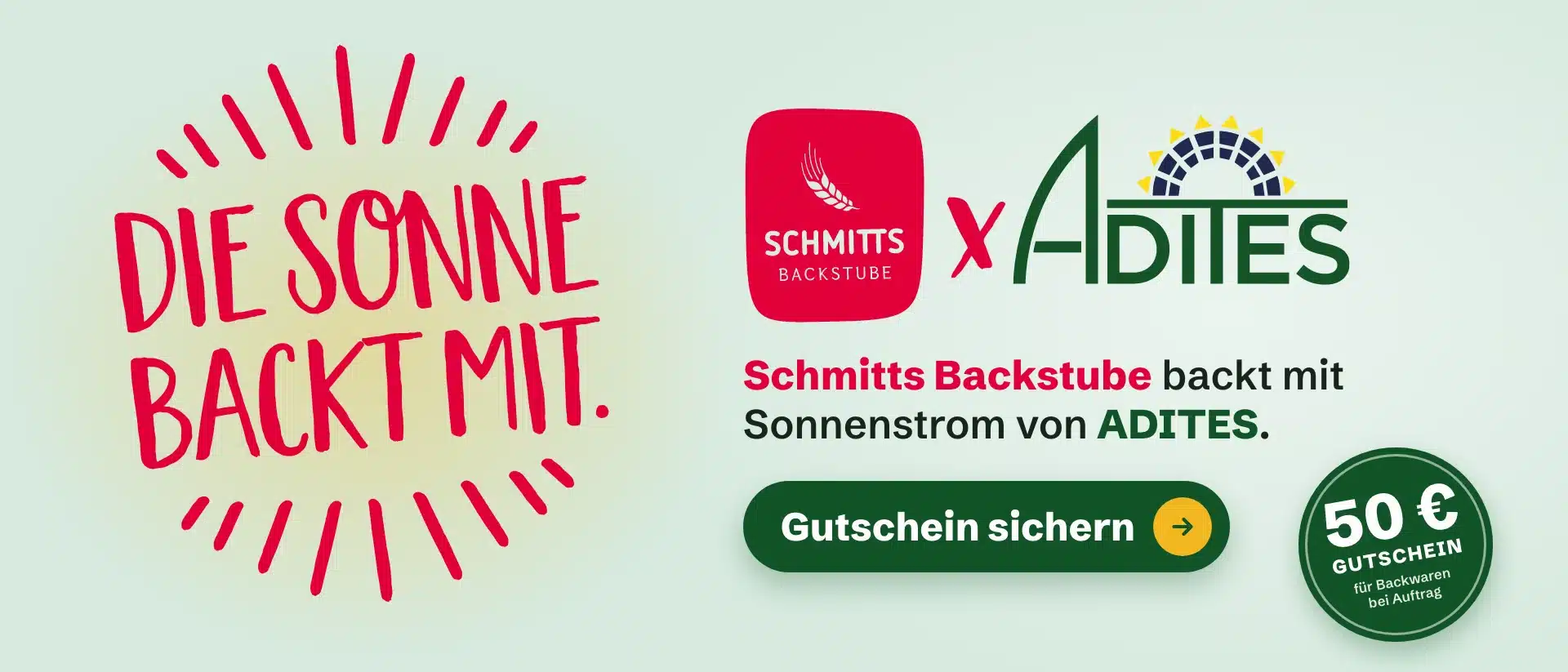Die Sonne backt mit – Schmitts Backstube × ADITES: 50 € Gutschein für Backwaren bei Auftrag
